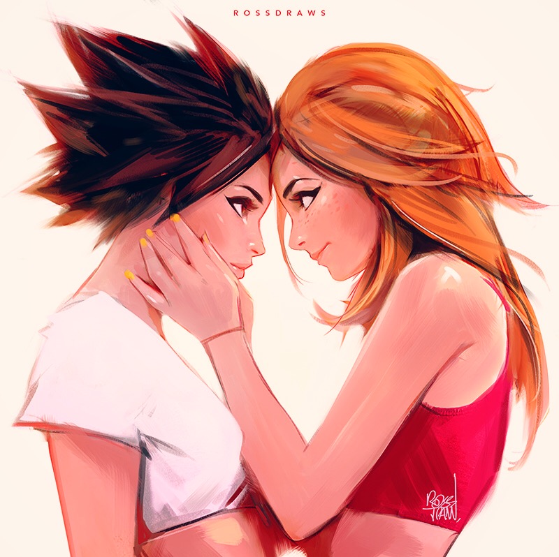 2girls breasts brown_hair commentary couple crop_top emily_(overwatch) eye_contact freckles from_side hands_on_another's_face lips long_hair looking_at_another multiple_girls nail_polish nose orange_hair overwatch ross_tran short_hair small_breasts smile spiky_hair sports_bra tracer_(overwatch) white_background work_in_progress yellow_nails yuri