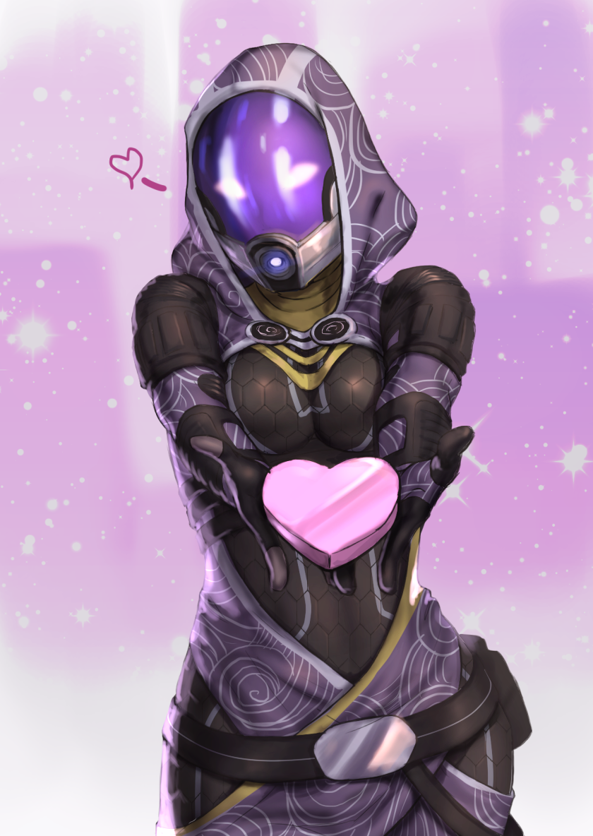 1girl alien bodysuit glowing glowing_eyes heart heart-shaped_box helmet hood kotorikurama looking_at_viewer mask mass_effect pink_background quarian solo tali'zorah valentine