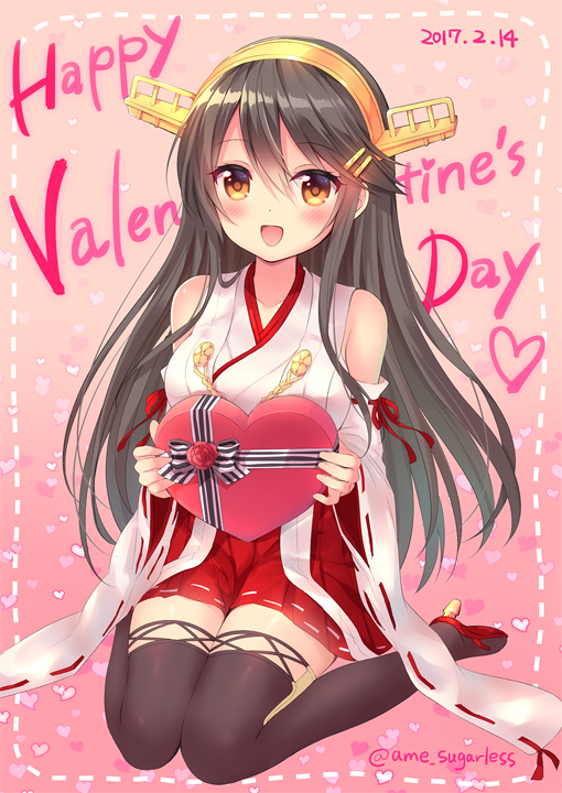 1girl 2017 :d bare_shoulders black_legwear box breasts brown_hair collarbone dated detached_sleeves eyebrows_visible_through_hair flower full_body gift gift_box gradient gradient_background hair_between_eyes hair_ornament hairclip haruna_(kantai_collection) headgear heart heart-shaped_box holding holding_gift japanese_clothes kantai_collection kimono knees_together_feet_apart long_hair long_sleeves looking_at_viewer mamekosora medium_breasts open_mouth red_eyes red_rose red_shoes red_skirt ribbon ribbon-trimmed_skirt ribbon-trimmed_sleeves ribbon_trim rose shoes sitting skirt sleeveless sleeveless_kimono smile solo straight_hair tareme thigh-highs twitter_username valentine very_long_hair wariza white_kimono white_ribbon wide_sleeves zettai_ryouiki