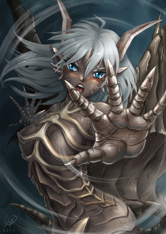 1girl blue_eyes claws dragon_girl dragon_horns dragon_tail dragon_wings grey_hair grey_skin horns kushala_daora maxa' monster_girl monster_hunter personification scales solo tail wind wings