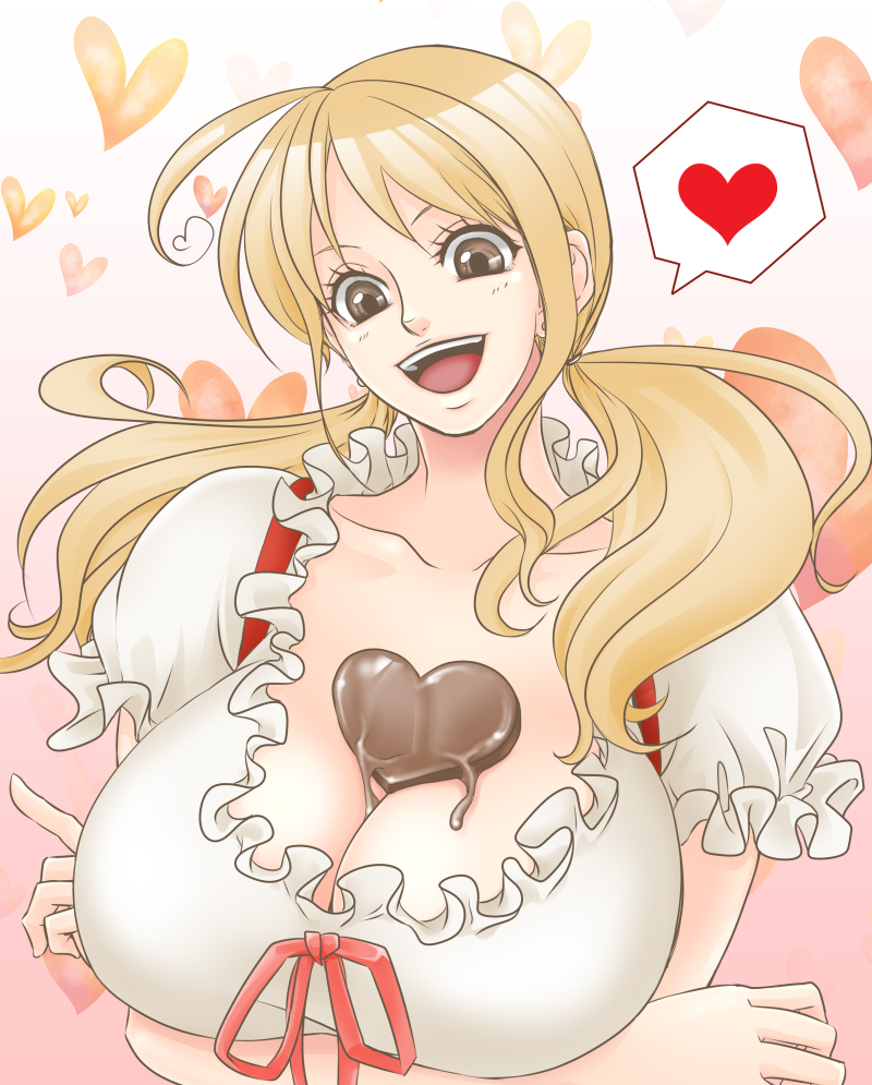 1girl :d blonde_hair blouse breasts brown_eyes chikaburo chocolate chocolate_heart chocolate_on_breasts cleavage collar collarbone crossed_arms frilled_blouse frilled_collar frilled_sleeves frills heart huge_breasts long_hair looking_down nami_(one_piece) one_piece open_mouth short_sleeves smile solo spoken_heart twintails upper_body valentine white_blouse