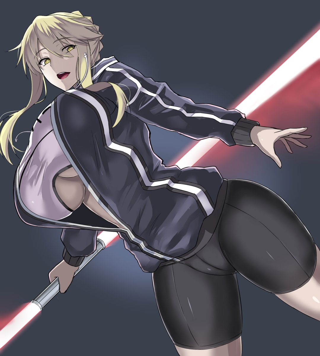 1girl artoria_pendragon_alter_(fate/grand_order) bangs bike_shorts black_background black_jacket blonde_hair braid breasts center_opening cosplay cowboy_shot crotch_seam double-blade dutch_angle energy_sword fate/grand_order fate_(series) hair_bun heroine_x_(alter) heroine_x_(alter)_(cosplay) highres holding holding_sword holding_weapon huge_breasts jacket lightsaber long_hair midriff saber saber_alter shirt sidelocks solo swept_bangs sword t-shirt takara_joney taut_clothes taut_shirt thick_thighs thighs track_jacket under_boob weapon white_shirt yellow_eyes