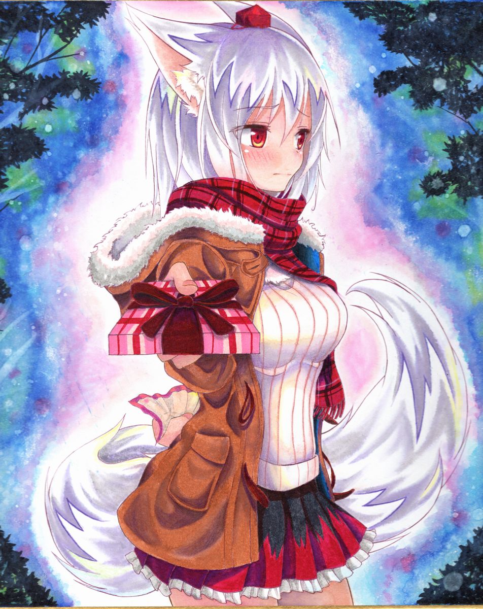 1girl alternate_costume animal_ears blush breasts brown_jacket cowboy_shot embarrassed hat highres incoming_gift inubashiri_momiji jacket kittona looking_away miniskirt open_clothes open_jacket plaid plaid_scarf red_eyes ribbed_sweater scarf skirt solo standing sweater tail tokin_hat touhou traditional_media valentine watercolor_pencil_(medium) white_hair wolf_ears wolf_tail