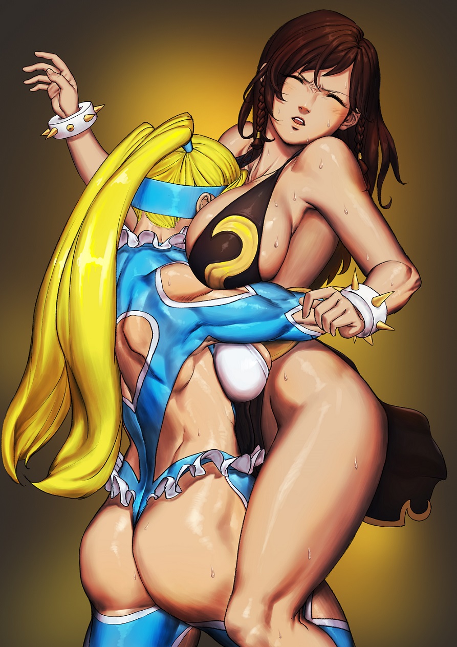 2girls alternate_costume alternate_hairstyle ass bearhug between_breasts biceps blonde_hair bracelet breasts brown_hair chun-li cleavage closed_eyes domino_mask gzy highres jewelry large_breasts long_hair mask multiple_girls muscle muscular_female rainbow_mika sideboob spiked_bracelet spikes street_fighter street_fighter_v toned twintails wrestling_outfit