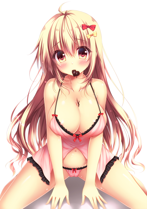 1girl ahoge babydoll bangs blonde_hair blush bow breasts brown_eyes chocolate chocolate_heart chocolate_on_breasts cleavage closed_mouth collarbone eyebrows_visible_through_hair hair_between_eyes hair_bow heart large_breasts lingerie long_hair looking_at_viewer mouth_hold original panties pink_panties red_bow simple_background sitting solo suzukawa_yui underwear v_arms valentine very_long_hair wariza wavy_hair white_background yellow_bow
