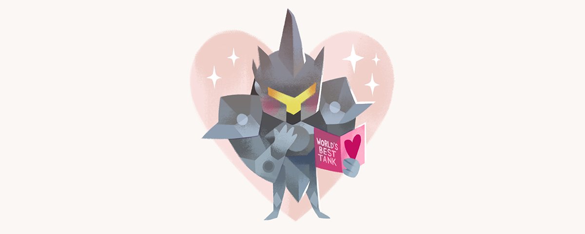 1boy armor blush card chibi english full_body heart helmet overwatch reinhardt_(overwatch) simple_background solid_circle_eyes solo sparkle star text tinysnails valentine white_background