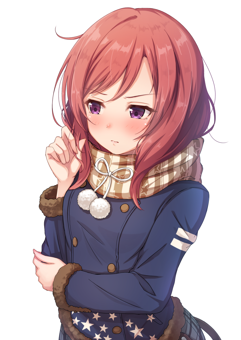 10s 1girl blue_coat blush coat double-breasted fur-trimmed_sleeves fur_trim hair_twirling hand_on_own_arm light_frown long_sleeves love_live! love_live!_school_idol_project matokechi nishikino_maki pom_pom_(clothes) redhead scarf simple_background solo star star_print striped striped_scarf upper_body v-shaped_eyebrows violet_eyes white_background winter_clothes