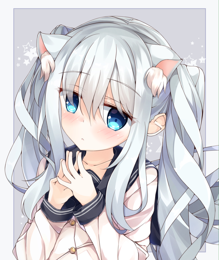 1girl :o alternate_hairstyle animal_ears bangs blue_eyes blush cat_ears collarbone eyebrows_visible_through_hair fingers_together flat_cap glasses grey_background hair_between_eyes hands_up hat hibiki_(kantai_collection) kantai_collection long_hair looking_at_viewer niruanu_(nitayam) parted_lips school_uniform serafuku silver_hair solo star starry_background twintails upper_body verniy_(kantai_collection)