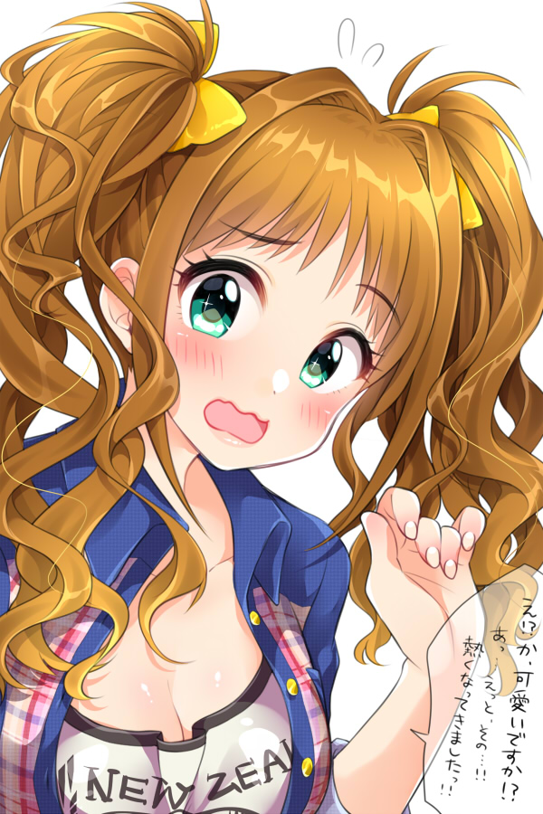 1girl alternate_hairstyle aqua_eyes blush bow breasts cleavage hair_bow hair_intakes hino_akane_(idolmaster) idolmaster idolmaster_cinderella_girls light_brown_hair long_hair looking_at_viewer mio_(mgr300) open_mouth solo sweatdrop translation_request twintails upper_body wavy_mouth white_background