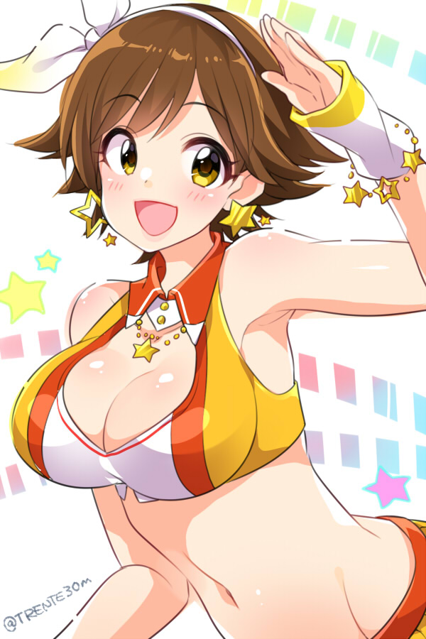 1girl arm_up armpits breasts brown_hair cleavage earrings hairband honda_mio idolmaster idolmaster_cinderella_girls jewelry large_breasts midriff mio_(mgr300) navel open_mouth short_hair sleeveless smile solo star star_earrings upper_body wrist_cuffs yellow_eyes
