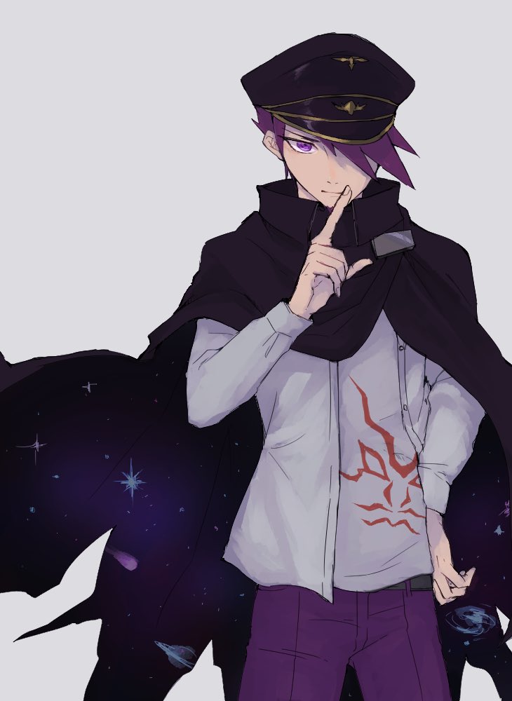 1boy cloak cosplay costume_switch dangan_ronpa facial_hair finger_to_mouth goatee hat jacket_on_shoulders looking_at_viewer male_focus momota_kaito new_dangan_ronpa_v3 ouma_kokichi peaked_cap purple_hair school_uniform short_hair space_print spiky_hair starry_sky_print violet_eyes