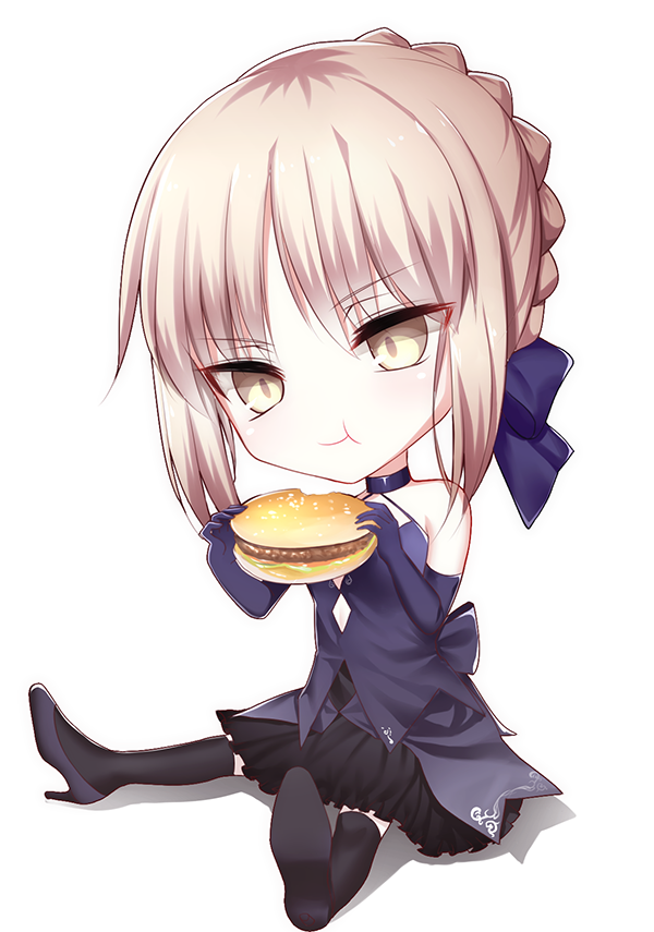 1girl :t bangs black_legwear black_skirt blonde_hair blue_gloves blue_ribbon braid chibi closed_mouth corset eating elbow_gloves eyebrows_visible_through_hair fate/stay_night fate_(series) food full_body gloves gothic_lolita hair_ribbon halterneck hamburger high_heels holding holding_food lolita_fashion meaomao over-kneehighs ribbon saber saber_alter sidelocks simple_background skirt solo thigh-highs white_background yellow_eyes