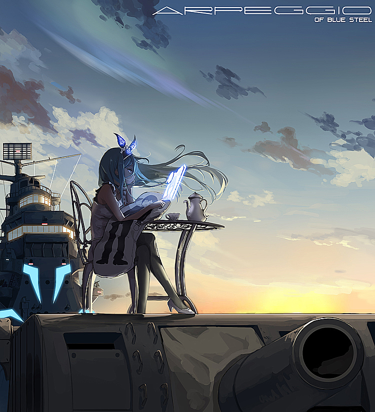 1girl aoki_hagane_no_arpeggio battleship black_legwear blue_eyes blue_hair cannon chair copyright_name dakimakura_(object) dress hair_ribbon hyury legs_crossed long_hair military military_vehicle pantyhose pillow ribbon ship short_dress solo table takao_(aoki_hagane_no_arpeggio) tea_set warship watercraft white_dress