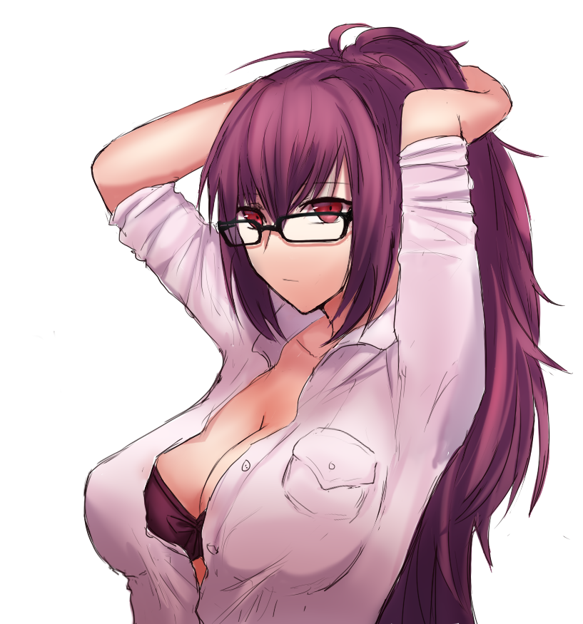 1girl alternate_hairstyle bespectacled bra breasts cleavage fate/grand_order fate_(series) glasses kuro_(br_150164) long_hair looking_at_viewer ponytail purple_hair red_bra red_eyes scathach_(fate/grand_order) shirt solo underwear white_background