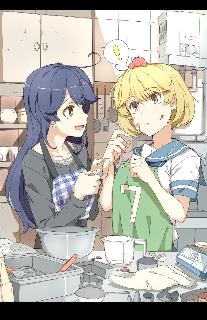 ! 2girls ahoge apron bandaid bandaid_on_face bandaid_on_finger beaker black_hair bowl brown_eyes casual chocolate chocolate_making chocolate_on_face collarbone crab_on_head food food_on_face kantai_collection kitchen kitchen_scale letterboxed light_brown_hair long_hair multiple_girls ninimo_nimo oboro_(kantai_collection) open_mouth school_uniform serafuku short_hair spoken_exclamation_mark ushio_(kantai_collection) weighing_scale