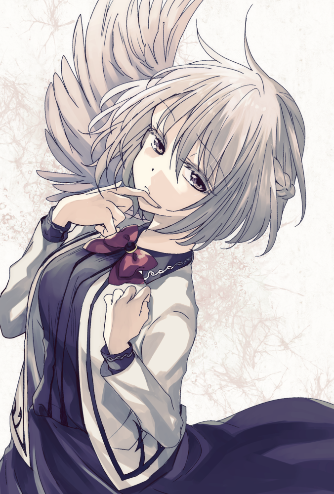 1girl bow bowtie brooch collared_dress dress eyebrows_visible_through_hair feathered_wings finger_to_mouth grey_eyes hair_between_eyes jacket jewelry katayama_kei kishin_sagume long_sleeves looking_at_viewer purple_dress red_bow red_bowtie short_hair silver_hair single_wing solo touhou upper_body white_jacket white_wings wings