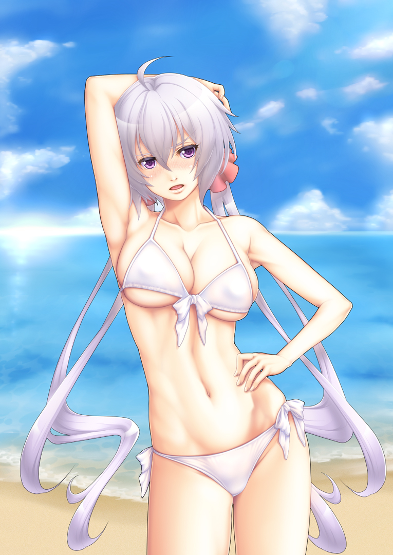 1girl ahoge arm_behind_head arm_up armpits bare_arms bare_shoulders beach bikini blue_sky blush breasts cleavage clouds coast collarbone contrapposto cowboy_shot day erect_nipples eyebrows_visible_through_hair front-tie_top hand_on_hip large_breasts long_hair looking_at_viewer navel ocean open_mouth osafune_kairi outdoors sand senki_zesshou_symphogear side-tie_bikini silver_hair skindentation skirt sky solo standing swimsuit twintails under_boob very_long_hair violet_eyes water white_bikini yukine_chris