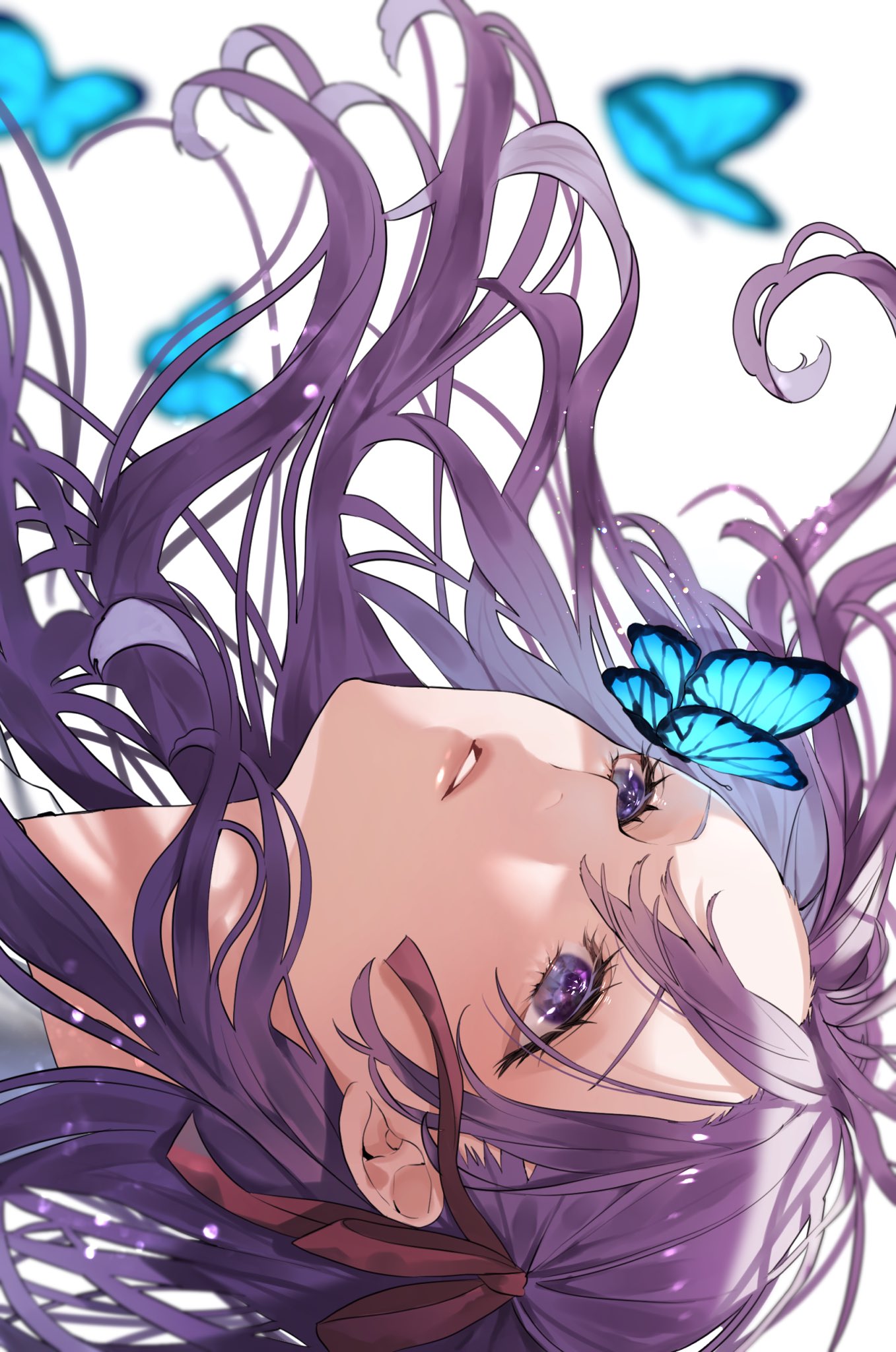 1girl blue_butterfly bug butterfly close-up fate/stay_night fate_(series) from_side hair_between_eyes hair_ribbon highres long_hair looking_to_the_side matou_sakura open_mouth purple_hair ribbon shimatori_(sanyyyy) shirt simple_background solo violet_eyes white_background white_shirt