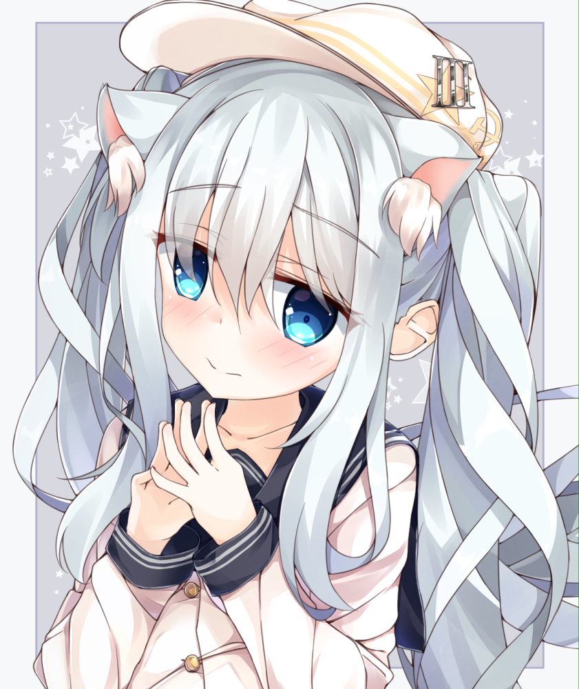 1girl 3: alternate_hairstyle animal_ears bangs blue_eyes blush cat_ears closed_mouth collarbone eyebrows_visible_through_hair fingers_together flat_cap grey_background hair_between_eyes hands_up hat hibiki_(kantai_collection) kantai_collection long_hair looking_at_viewer niruanu_(nitayam) school_uniform serafuku silver_hair solo star starry_background twintails upper_body verniy_(kantai_collection)