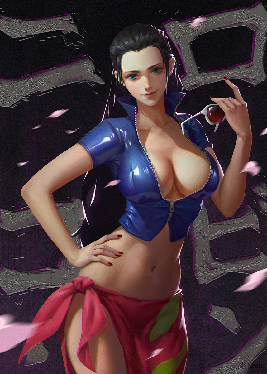 1girl 9 2016 artist_name black_hair blue_jacket breasts chome cleavage closed_mouth collarbone cowboy_shot cropped_jacket dated eyelashes fingernails green_eyes hand_on_hip hand_up high_collar highres nico_robin one_piece