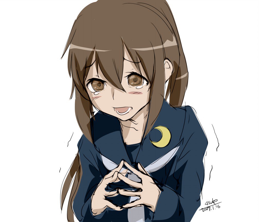 1girl 2017 4suke artist_name bangs black_serafuku blush collarbone crescent crescent_moon crescent_moon_pin dated fingers_together fumizuki_(kantai_collection) hair_between_eyes kantai_collection long_hair long_sleeves looking_at_viewer moon open_mouth school_uniform serafuku simple_background sleeves_past_wrists solo tears teeth tongue trembling upper_body very_long_hair white_background