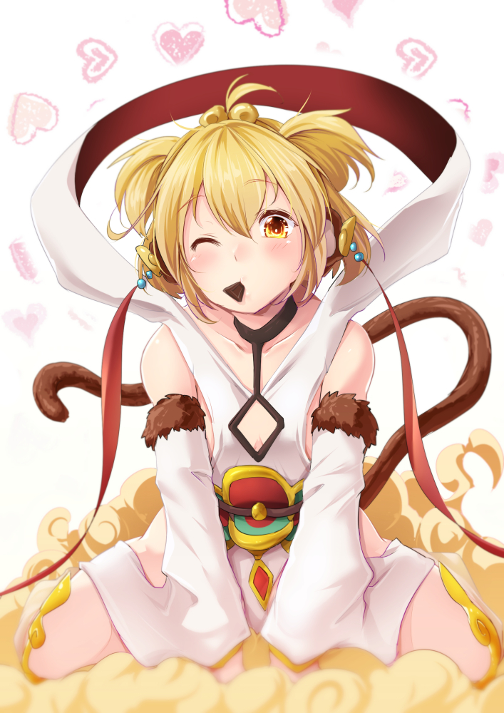 1girl aki_(akikaze_asparagus) anchira_(granblue_fantasy) bare_shoulders barefoot beads blonde_hair chocolate choker cleavage_cutout collarbone detached_pants detached_sleeves diamond_(shape) erun_(granblue_fantasy) food_in_mouth fur_trim granblue_fantasy hair_between_eyes hairband leotard looking_at_viewer monkey_ears monkey_tail one_eye_closed sash shawl short_hair sitting solo tail two_side_up wariza white_leotard yellow_eyes