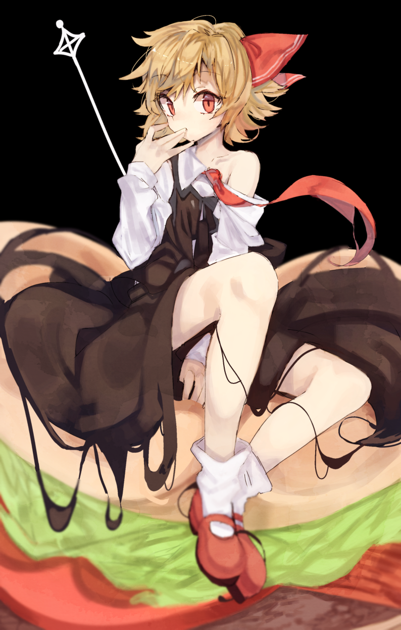 1girl bei_mochi black_background blonde_hair chocolate commentary_request food full_body hair_ribbon hamburger hand_to_own_mouth highres knees_apart_feet_together lettuce looking_at_viewer mary_janes necktie off_shoulder red_eyes ribbon rumia shirt shirt_slip shoes short_hair siting sitting_on_food skirt skirt_set socks solo tomato toothpick touhou vest