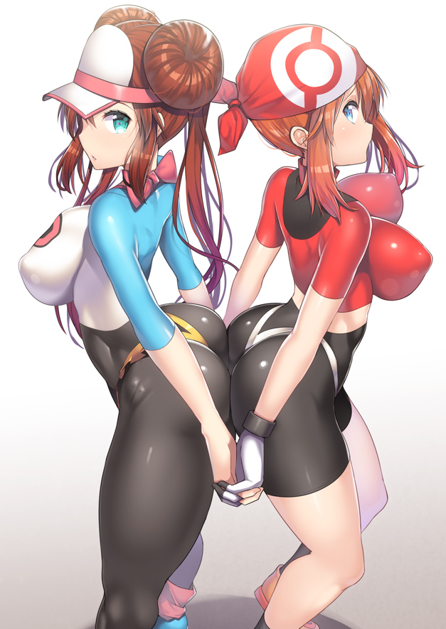 2girls adapted_costume ass ass-to-ass ass_press bandanna bike_shorts black_legwear blue_eyes bodysuit bow breasts brown_hair double_bun erect_nipples from_behind gloves hand_holding haruka_(pokemon) large_breasts long_hair looking_at_viewer mei_(pokemon) midriff multicolored multicolored_bodysuit multicolored_clothes multiple_girls nagase_haruhito pokemon pokemon_(game) pokemon_rse shiny shiny_clothes shiny_hair shiny_skin short_hair skin_tight socks thong twintails visor_cap