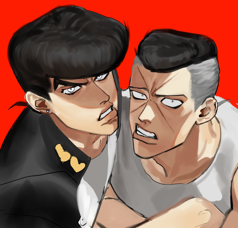 2boys black_hair frown gakuran grey_hair higashikata_jousuke jojo_no_kimyou_na_bouken looking_at_viewer male_focus multicolored_hair multiple_boys nijimura_okuyasu pompadour scar school_uniform two-tone_hair white_eyes ziguck