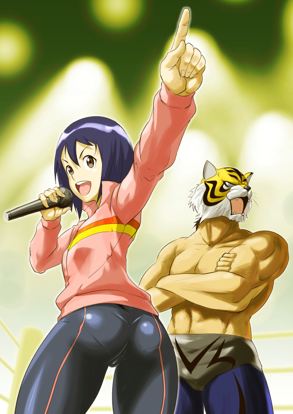 1boy 1girl ass black_hair brown_eyes crossed_arms jacket microphone muscle noq open_mouth pointing short_hair spotlight takaoka_haruna tiger_mask tiger_mask_w wrestling_mask wrestling_outfit wrestling_ring