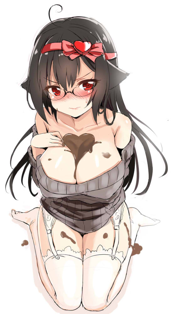 1girl 3:&lt; ahoge animal_ears bangs black_hair blush breasts cat_ears chocolate chocolate_on_breasts cleavage closed_mouth collarbone eyebrows_visible_through_hair food food_between_breasts food_on_face full_body garter_straps glasses grey_sweater hair_between_eyes hair_ribbon heart large_breasts long_hair looking_at_viewer nose_blush off_shoulder original pink_ribbon red_eyes ribbed_sweater ribbon simple_background sitting solo sweatdrop sweater thigh-highs unname valentine wariza white_background white_legwear