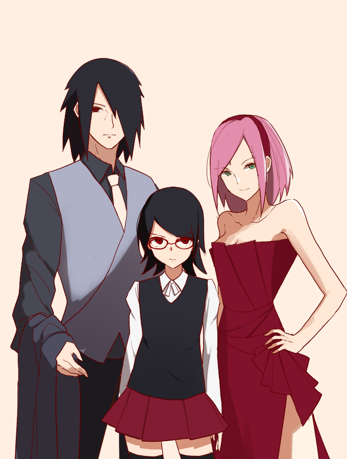 1boy 2girls black_hair breasts cleavage dress facial_mark family forehead_mark formal green_eyes hair_over_one_eye hairband hand_on_hip haruno_sakura husband_and_wife looking_at_viewer multiple_girls naruto necktie pink_hair red_dress red_eyes smile thigh-highs uchiha_sarada uchiha_sasuke vic zettai_ryouiki