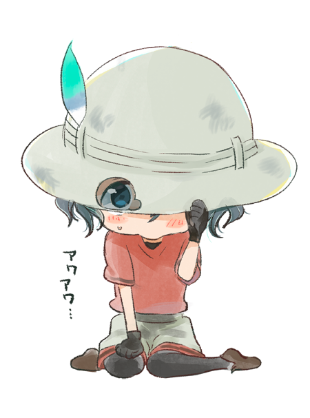 1girl black_gloves black_hair blue_eyes blush blush_stickers chibi clenched_hand feathers full_body gloves hand_on_headwear hat hiding kaban kemono_friends loafers looking_at_viewer pantyhose red_shirt safari_hat shirt shoes short_hair short_sleeves shorts shy simple_background sitting solo stellaxpost sweat tareme translation_request wariza white_background