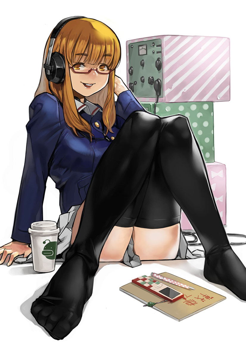 1girl :d anglerfish arm_at_side bangs black_legwear blue_jacket blunt_bangs book buttons cable cellphone cellphone_charm cup girls_und_panzer glasses grey_skirt hand_on_headphones headphones headset jacket knees_together_feet_apart knees_up long_hair long_sleeves looking_at_viewer open_mouth orange_eyes orange_hair pen phone pocket red-framed_eyewear semi-rimless_glasses simple_background sitting skirt smile solo takebe_saori tareme thigh-highs under-rim_glasses white_background wing_collar yomu_(sgt_epper)