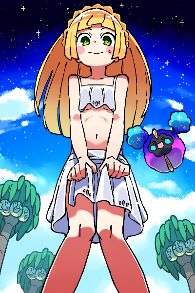 &gt;o&lt; 1girl alolan_exeggutor artist_request bangs bare_shoulders bikini blonde_hair blunt_bangs blush_stickers braid breasts closed_mouth clouds cosmog french_braid from_below knees_together lillie_(pokemon) long_hair looking_at_viewer navel nervous_smile night pokemon pokemon_(game) pokemon_sm skirt_grab sky smile standing star star_(sky) starry_sky stomach sweatdrop swimsuit under_boob white_bikini