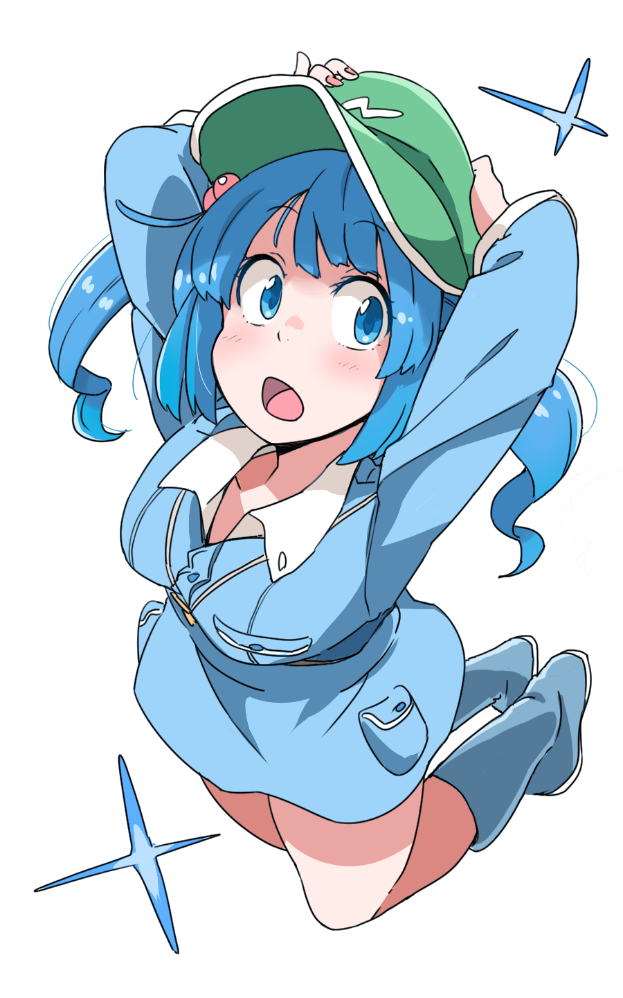 1girl arms_up bangs blue_boots blue_dress blue_eyes blue_hair blue_shirt blue_skirt blush boots breasts collared_shirt d: dress dress_shirt eyebrows eyebrows_visible_through_hair fingernails flat_cap full_body green_hat hair_bobbles hair_ornament hands_on_headwear hat highres jumping kawashiro_nitori key knee_boots legs_up long_fingernails long_sleeves looking_at_viewer looking_to_the_side medium_breasts medium_hair midair nail_polish open_mouth pocket red_nails rubber_boots shirt simple_background skirt solo sparkle surprised thighs touhou twintails two_side_up white_background wing_collar zk_(zk_gundan)