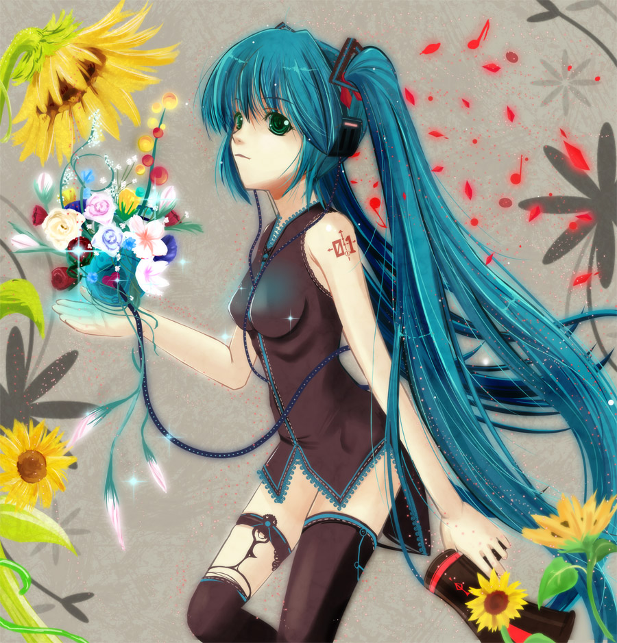 flower green_eyes hatsune_miku kazumasa long_hair megaphone sunflower thigh-highs thighhighs twintails very_long_hair vocaloid