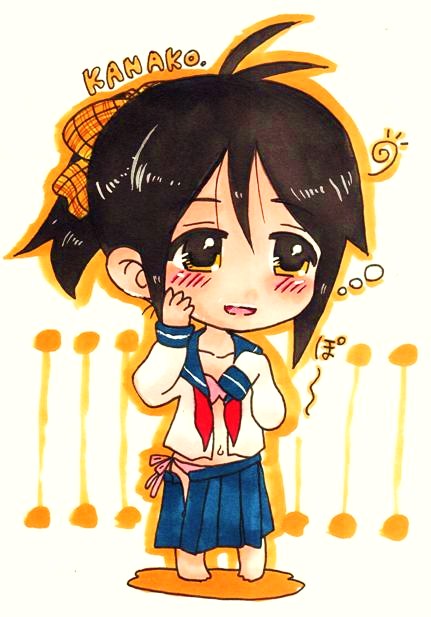 black_hair blush chibi open_clothes open_shirt oura_kanako panties ponytail sayonara_zetsubou_sensei school_uniform serafuku shirt side-tie_panties smile underwear wardrobe_malfunction yellow_eyes