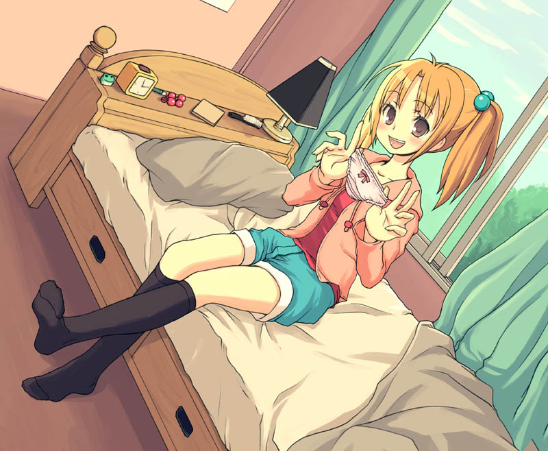 casual dutch_angle feet hair_bobbles hair_ornament holding holding_panties hoodie kimarin kneehighs on_bed open_mouth orange_hair original panties pink_panties shorts sitting smile socks twintails underwear window