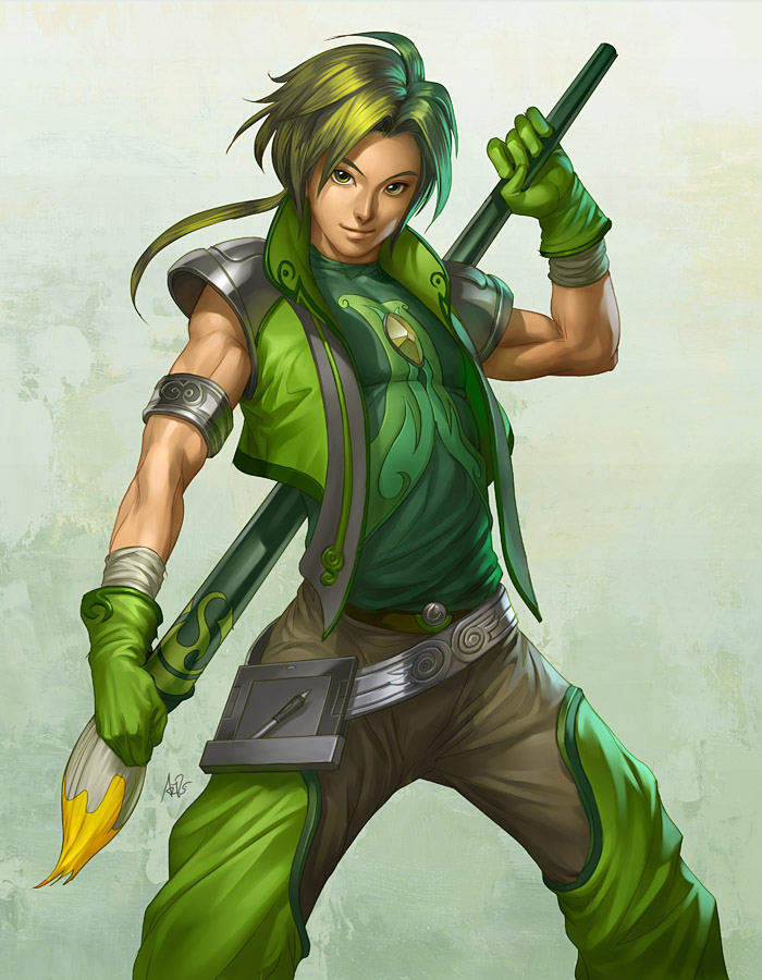 armband armor art_brush belt giant_brush gloves green_eyes green_hair male muscle paintbrush signature smile solo stanley_lau