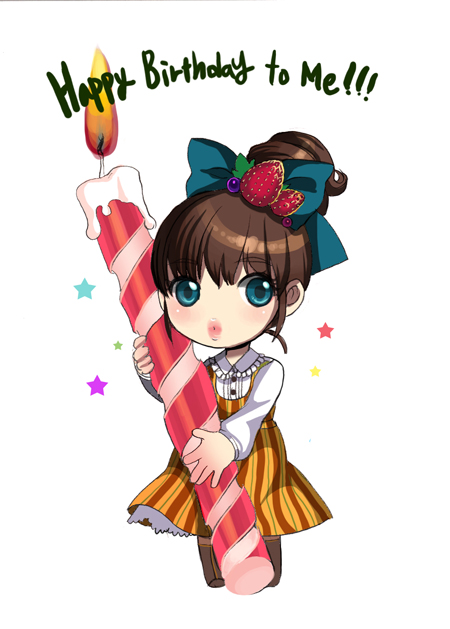 blue_eyes boots bow briska brown_hair candle chibi dress hair_bow hair_ornament lipstick ponytail simple_background standing star stars