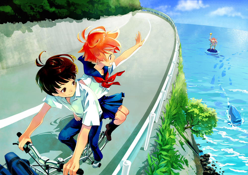 ahoge bicycle brown_hair fish fujimoto gake_no_ue_no_ponyo kaekae ocean ponyo ponyo_on_the_cliff_by_the_sea red_hair redhead riding road school_uniform serafuku short_hair sosuke studio_ghibli wave waves waving