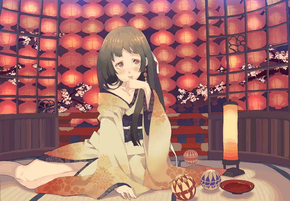 blush brown_eyes cherry_blossoms japanese_clothes kacchuu kimono lantern long_hair lying original paper_lantern