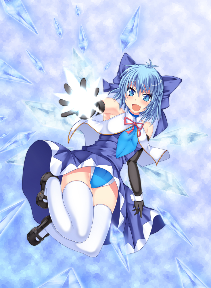 1girl adapted_costume black_gloves blue_dress blue_eyes blue_swimsuit bow capelet cirno dress elbow_gloves gloves hair_bow hisui_(stapspats) ice ice_wings icicle looking_at_viewer open_mouth outstretched_arm outstretched_hand sleeveless sleeveless_dress smile solo swimsuit swimsuit_under_clothes thigh-highs touhou upskirt white_legwear wings wrist_cuffs