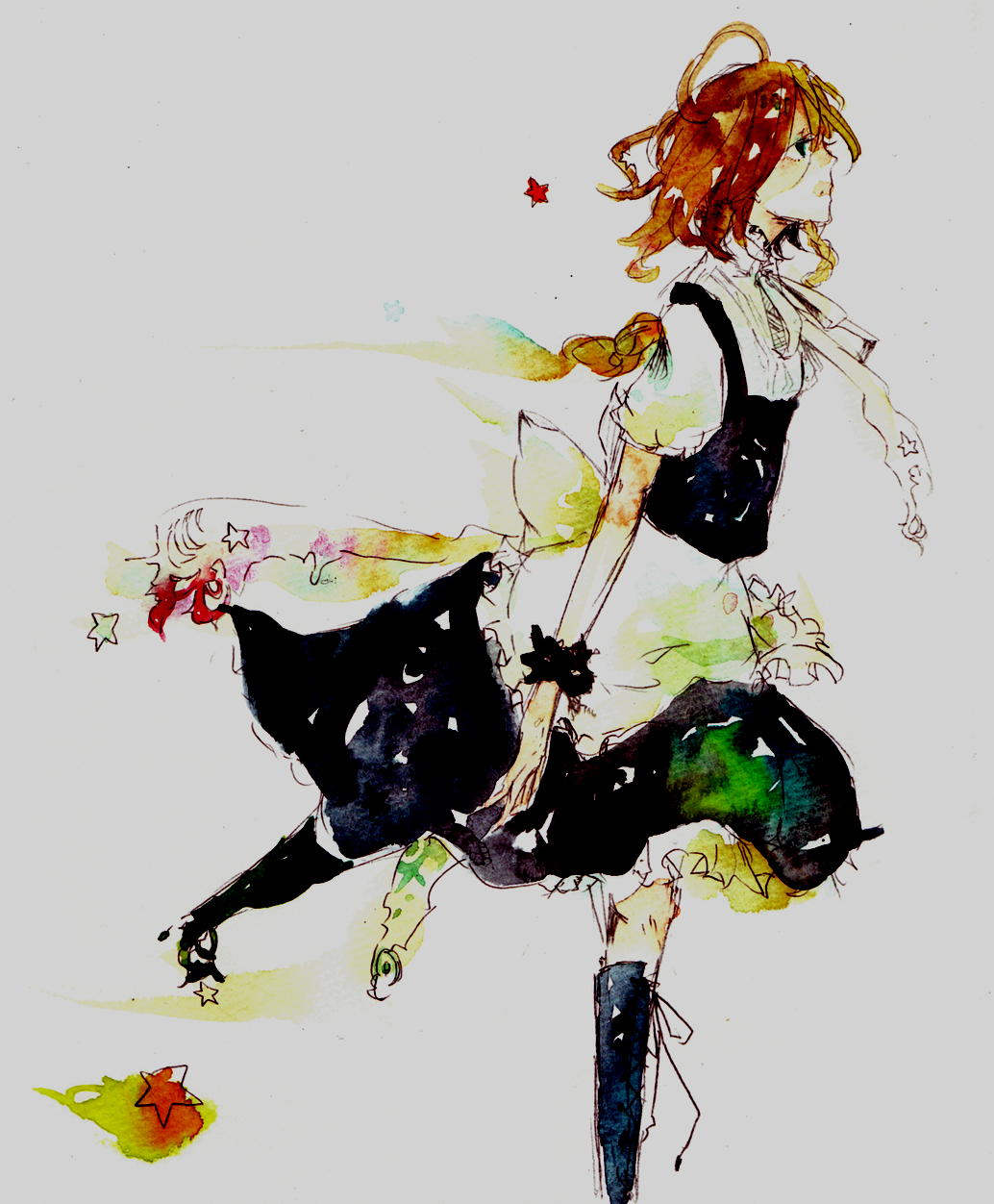 blonde_hair boots braid highres kirisame_marisa knee_boots painting sakuma star stars touhou traditional_media watercolor watercolor_(medium) wrist_cuffs