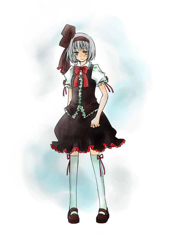 blush gothic_lolita green_eyes hairband konpaku_youmu konpaku_youmu_(ghost) lolita_fashion myon ribbon ribbons saneyoshi short_hair silver_hair thigh-highs thighhighs touhou zettai_ryouiki