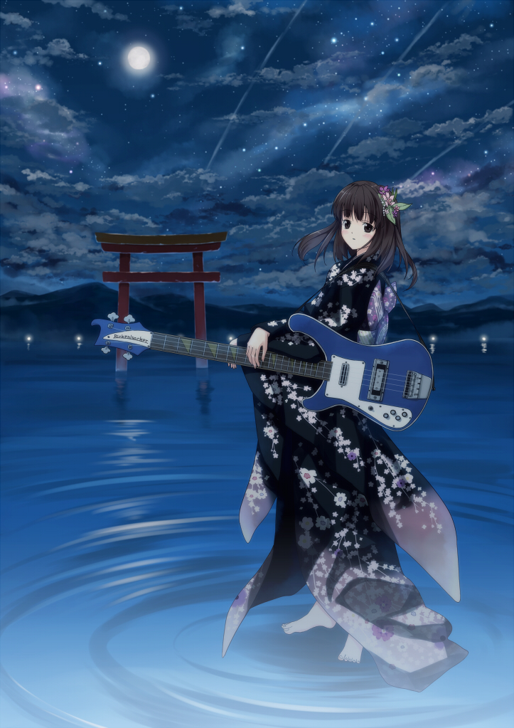 bass bass_guitar black_hair cloud clouds feet_in_water flower guitar hair_flower hair_ornament instrument japanese_clothes kimono nagareboshi night original rickenbacker sky soaking_feet star star_(sky) starry_sky stars torii water