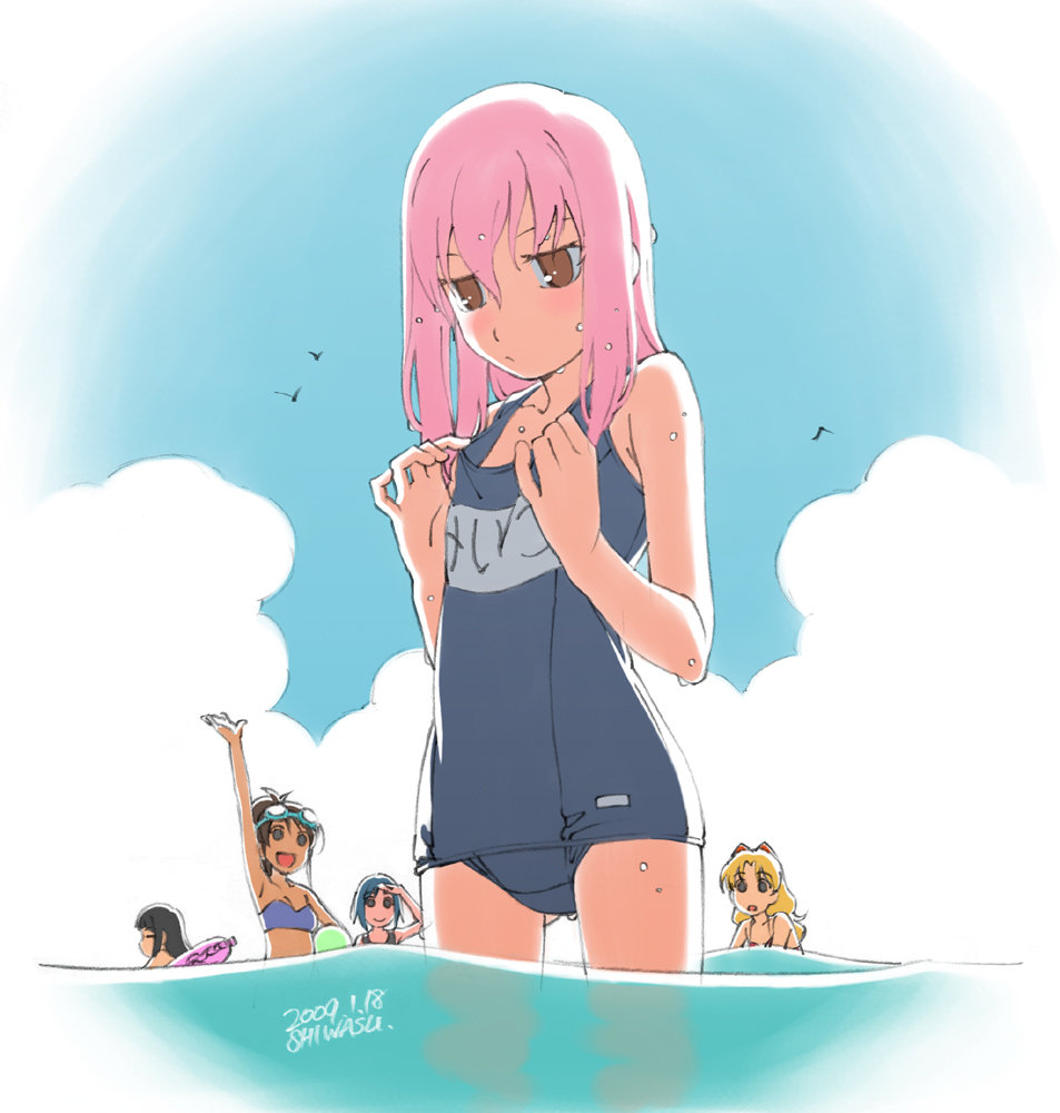 blonde_hair breast_envy brown_eyes brown_hair flat_chest long_hair ocean one-piece_swimsuit original pink_hair school_swimsuit shiwasu_takashi swimsuit water wave waving wet