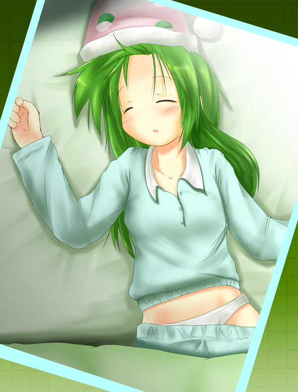 closed_eyes green_hair hat hiiragi_mitsuna kochiya_sanae long_hair lying pajamas panties sleeping touhou underwear