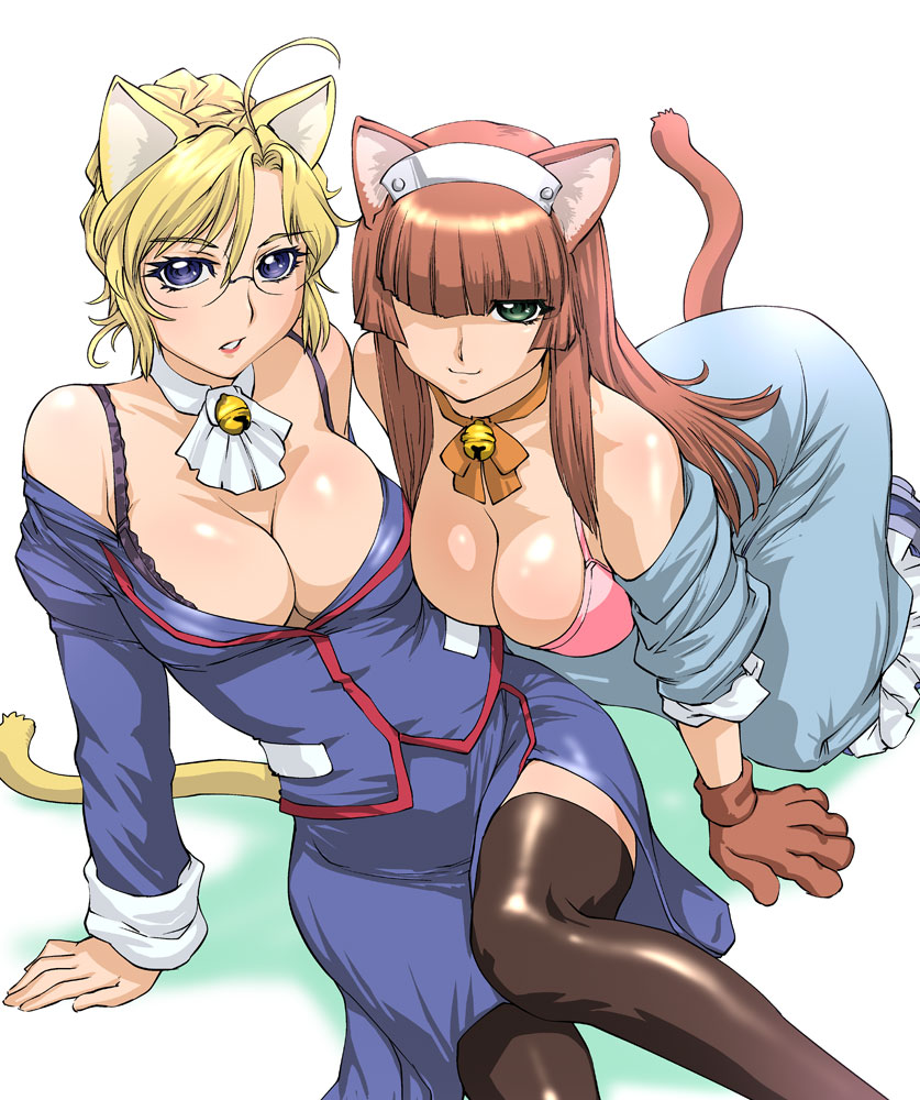 animal_ears blonde_hair blue_eyes bra breasts brown_hair cat_ears cleavage fujiyama_shizuka gaiking gaiking:_legend_of_daikuu_maryuu gloves green_eyes hair_over_one_eye large_breasts lingerie long_hair multiple_girls roza short_hair tail thighhighs ueyama_michirou underwear